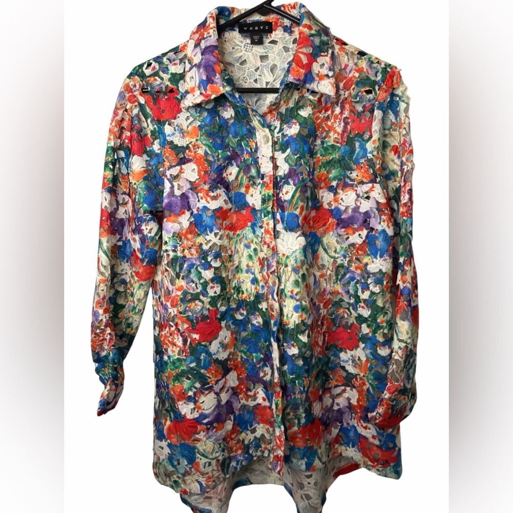 Weavz Multicolor Floral Lace Button Down Top